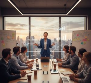 CEO explaining new business process to employees during a team meeting in office.